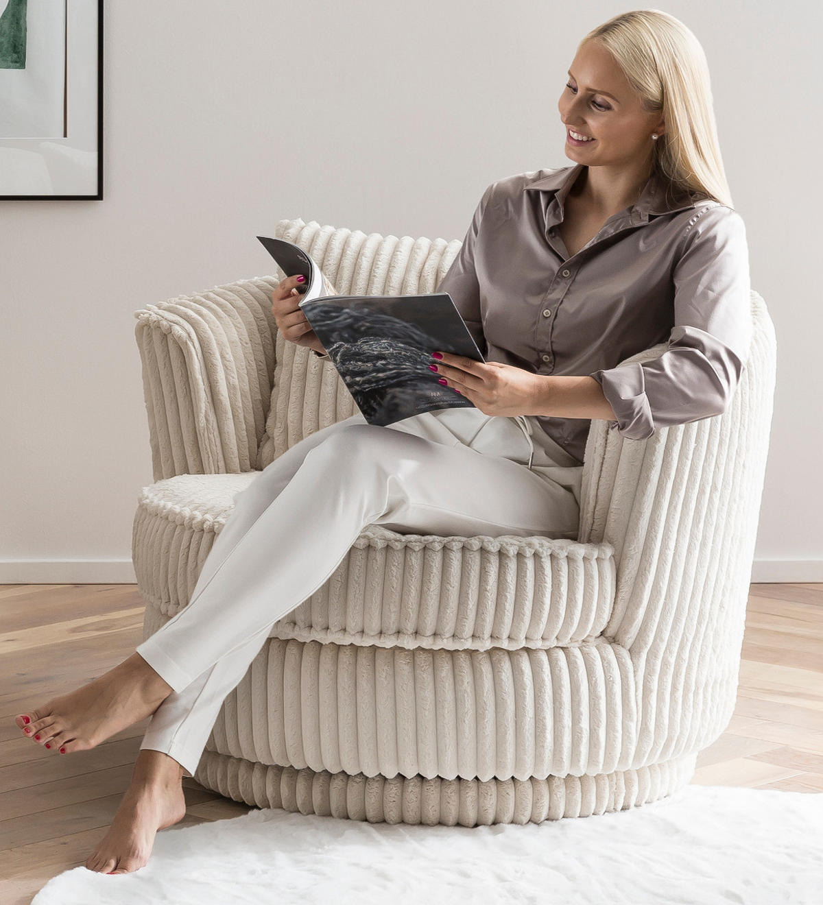 BIG-SESSEL Mega Cord creme wollweiß Ø 95 cm 360° drehbar, inklusive Kissen - Creme/Weiß, Holz/Holzwerkstoff (95/77/95cm) - Furn.Design
