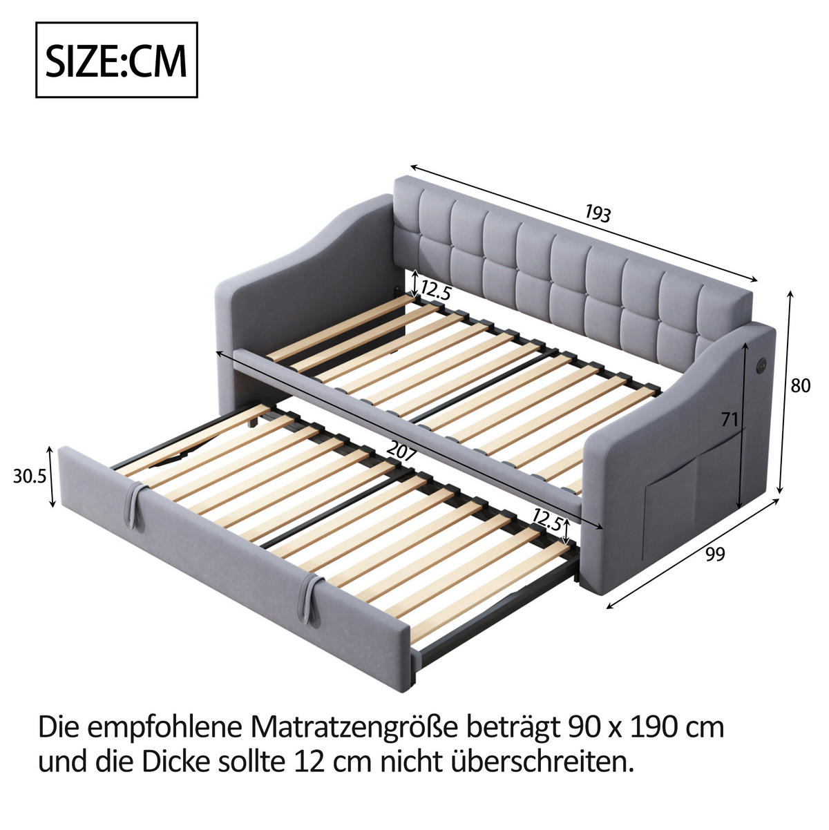POLSTERBETT 90/190 cm ausziehbar auf 180 cm mit USB-Anschlüssen und Samtbezug, Grau - Grau, Textil (90/190cm) - Redom