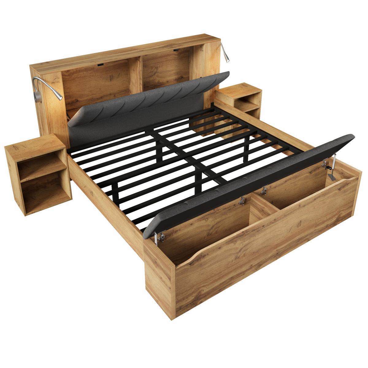BETT 180/200 cm Eiche aus Holz mit Nachttischen, Bettbank und Leselampen - Eichefarben, Holzwerkstoff (180/200cm) - OKMYHOME