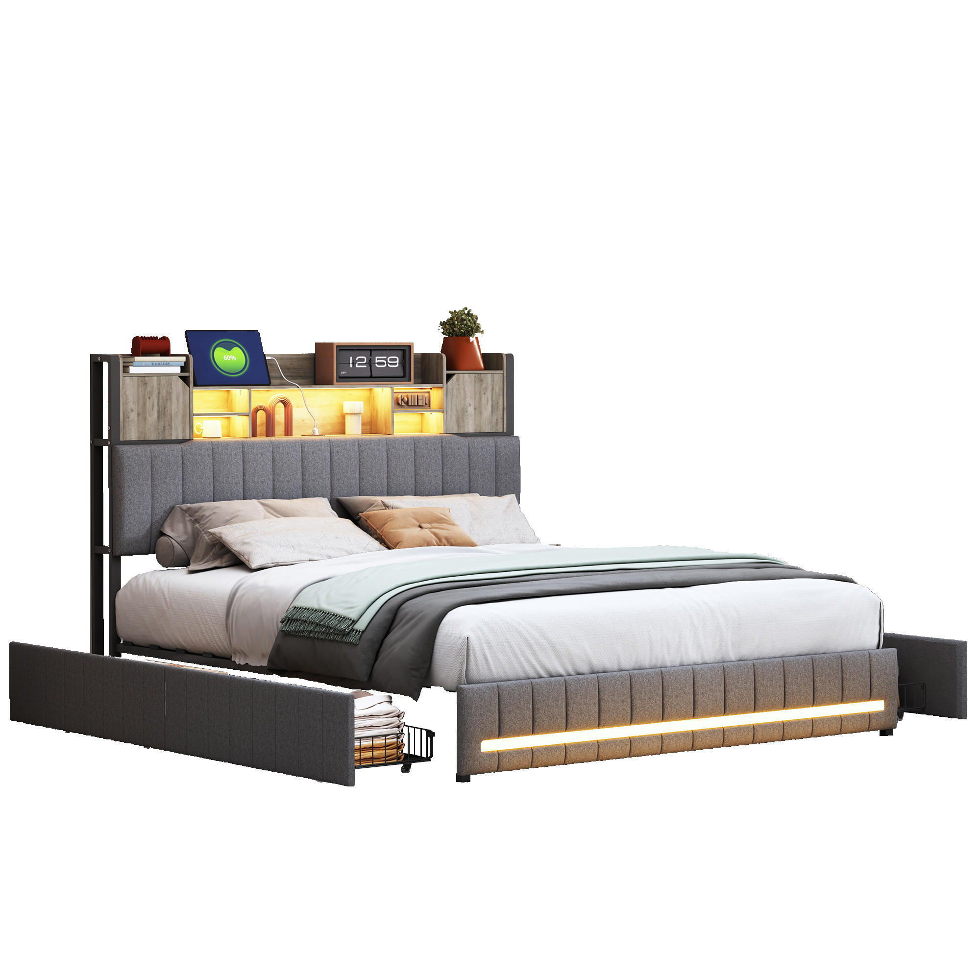 POLSTERBETT 140x190 cm LED USB 4 Schubladen Lattenrost Leinen grau - Grau, Holz (140/190cm) - LEBENLANG