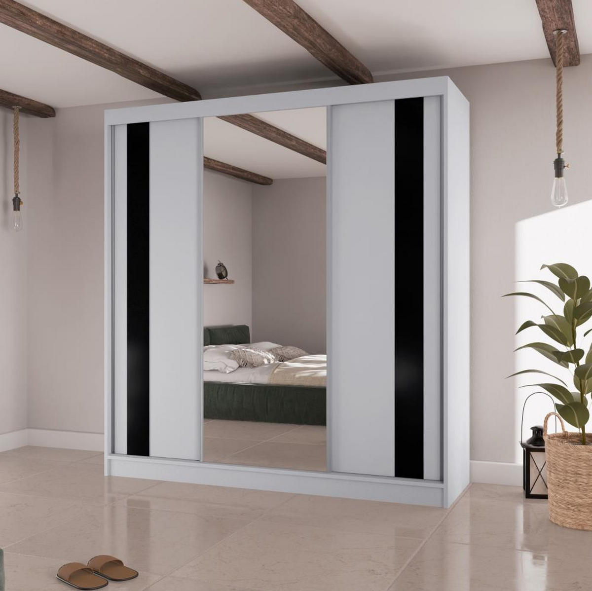 SCHWEBETÜRENSCHRANK Como II 200/61/215 weiß+schwarz - Schwarz/Weiß, Holzwerkstoff (200/215/61cm) - Beautysofa