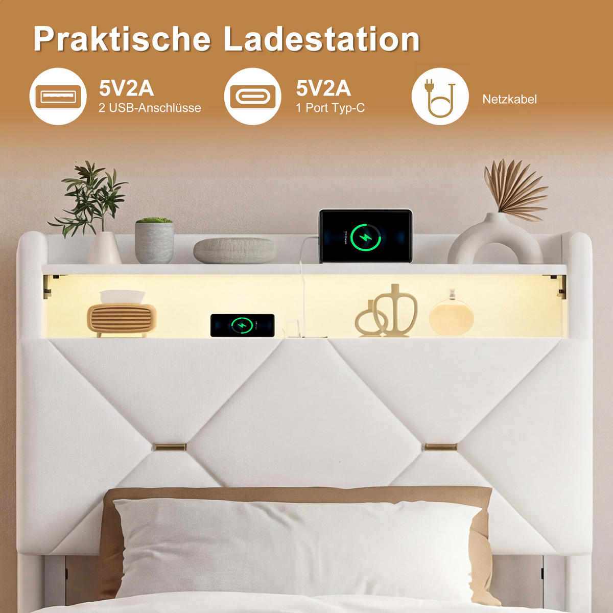 POLSTERBETT 90x200 cm mit Bettkasten, hydraulischer Stauraum, LED, USB & Type-C, Kopfteil mit Ablage und Lattenrost, Beige - Beige, Metall (90/200cm) - EuroLiving