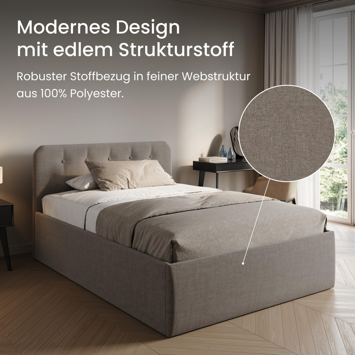 POLSTERBETT mit verstellbarem Lattenrost & Bettkasten, 140 x 200 cm in Beige - Beige, Holzwerkstoff (140/200cm) - Home Collective