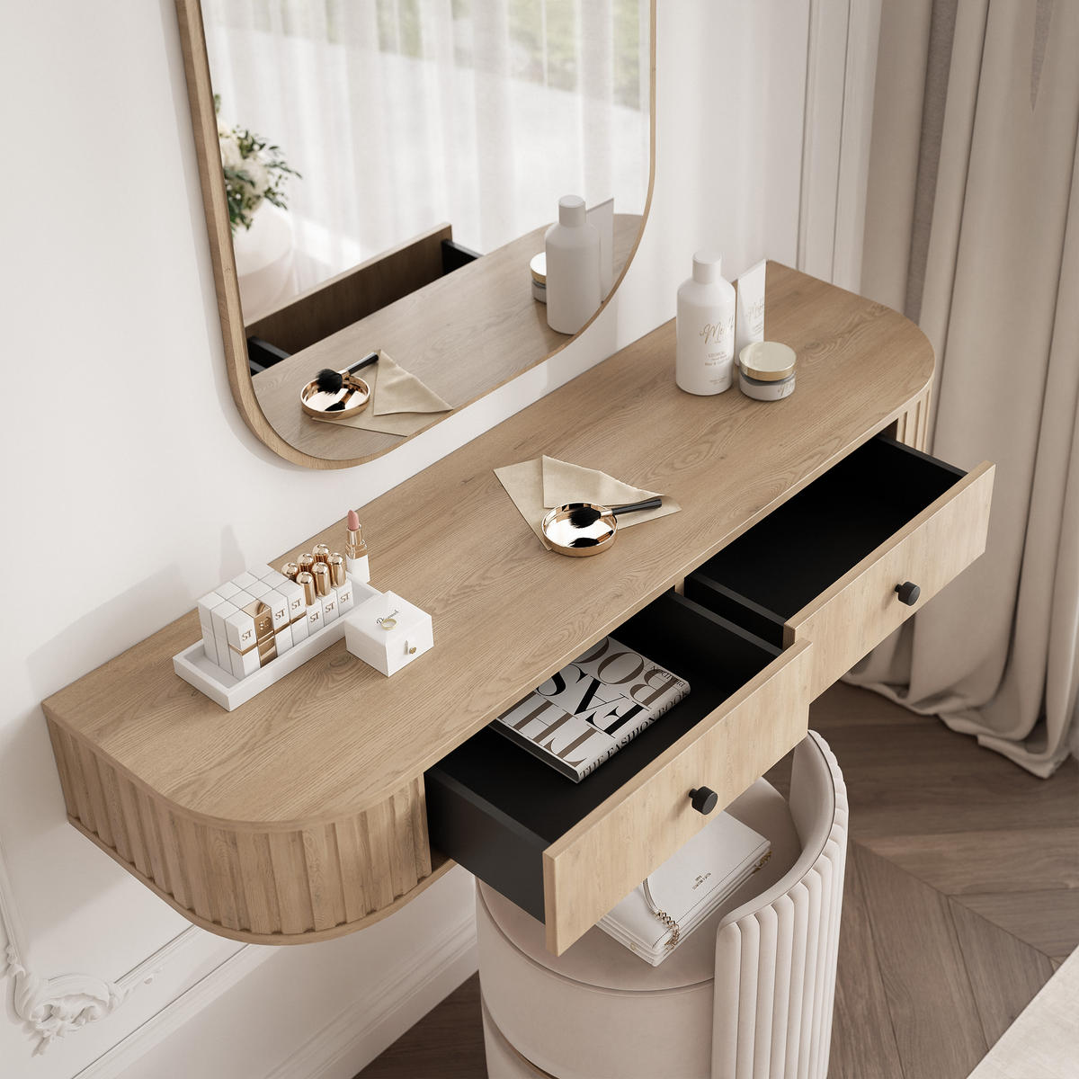 SCHMINKTISCH OVALINE mit Spiegel, 123 cm Cremona-Eiche - Eichefarben/Goldfarben, Holzwerkstoff/Metall (123/17.5/36cm) - Idohome