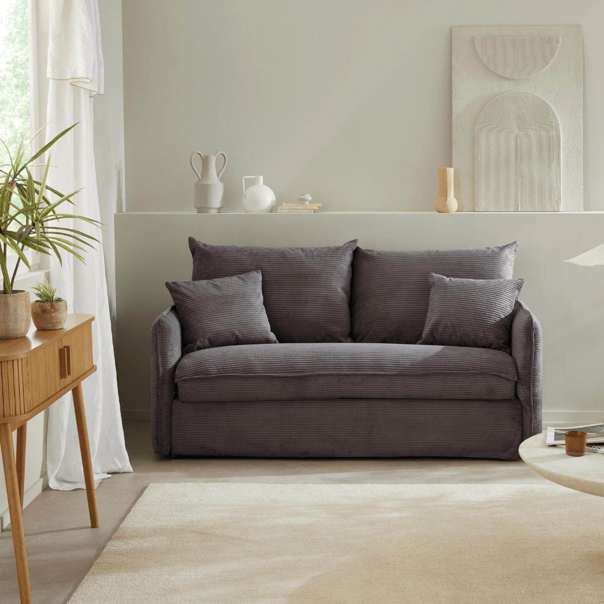 SCHLAFSOFA mit 3 Plätzen aus geripptem Samt, L185 cm - MIKA - Anthrazit, Textil (104/90/185cm) - Calicosy