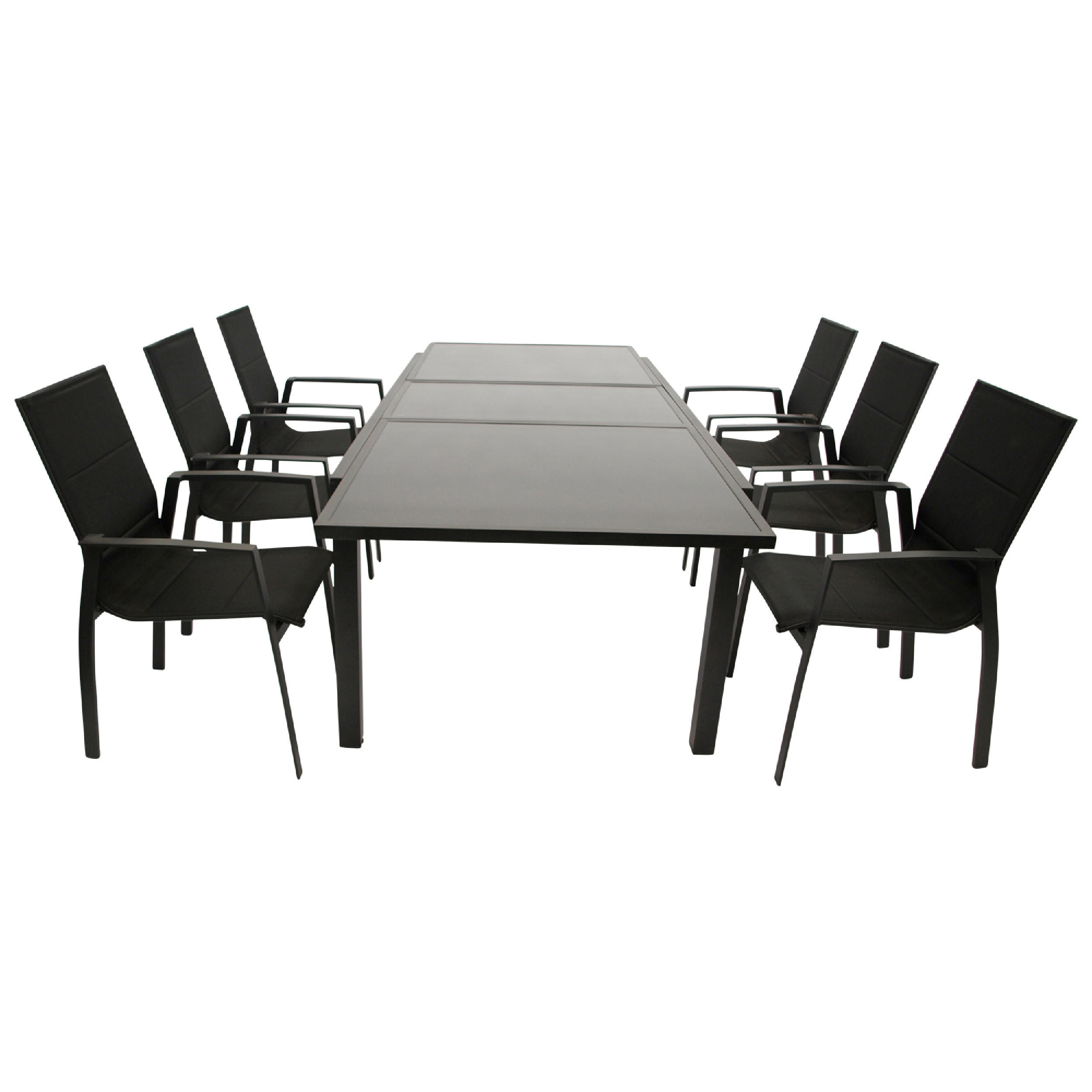 GARTEN-GARNITUR Ashford - 7-teilige Garten-Essgruppe (6x Stapelsessel mit Aluminiumgestell schwarz, Bespannung Textillehne schwarz - Schwarz, Metall - TPFGarden