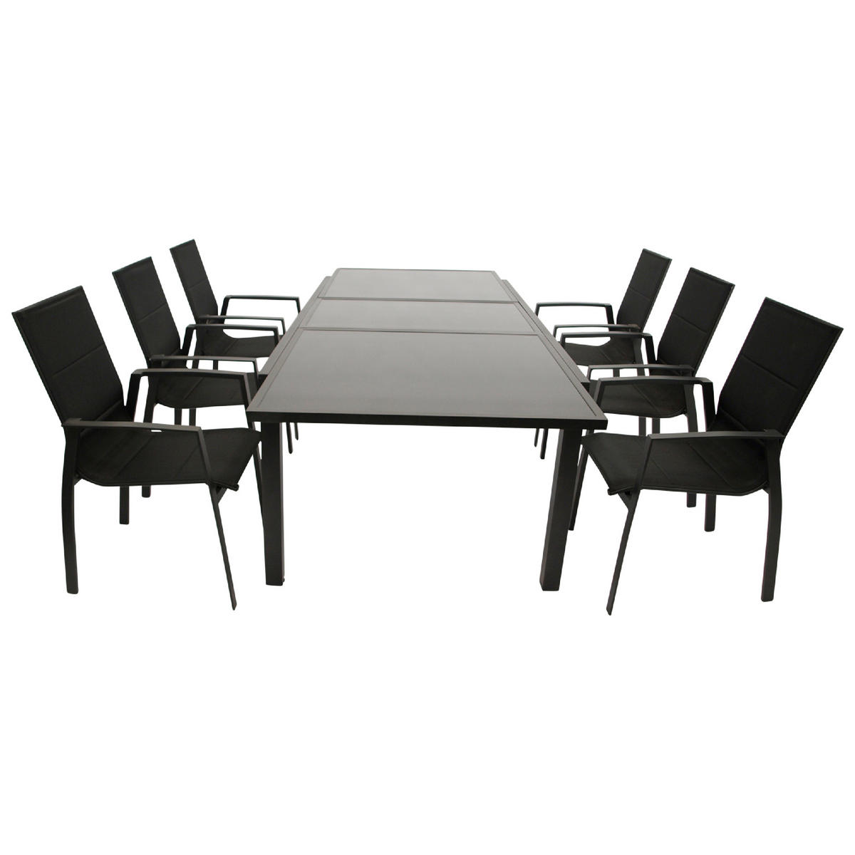 GARTEN-GARNITUR Ashford - 7-teilige Garten-Essgruppe (6x Stapelsessel mit Aluminiumgestell schwarz, Bespannung Textillehne schwarz - Schwarz, Metall - TPFGarden