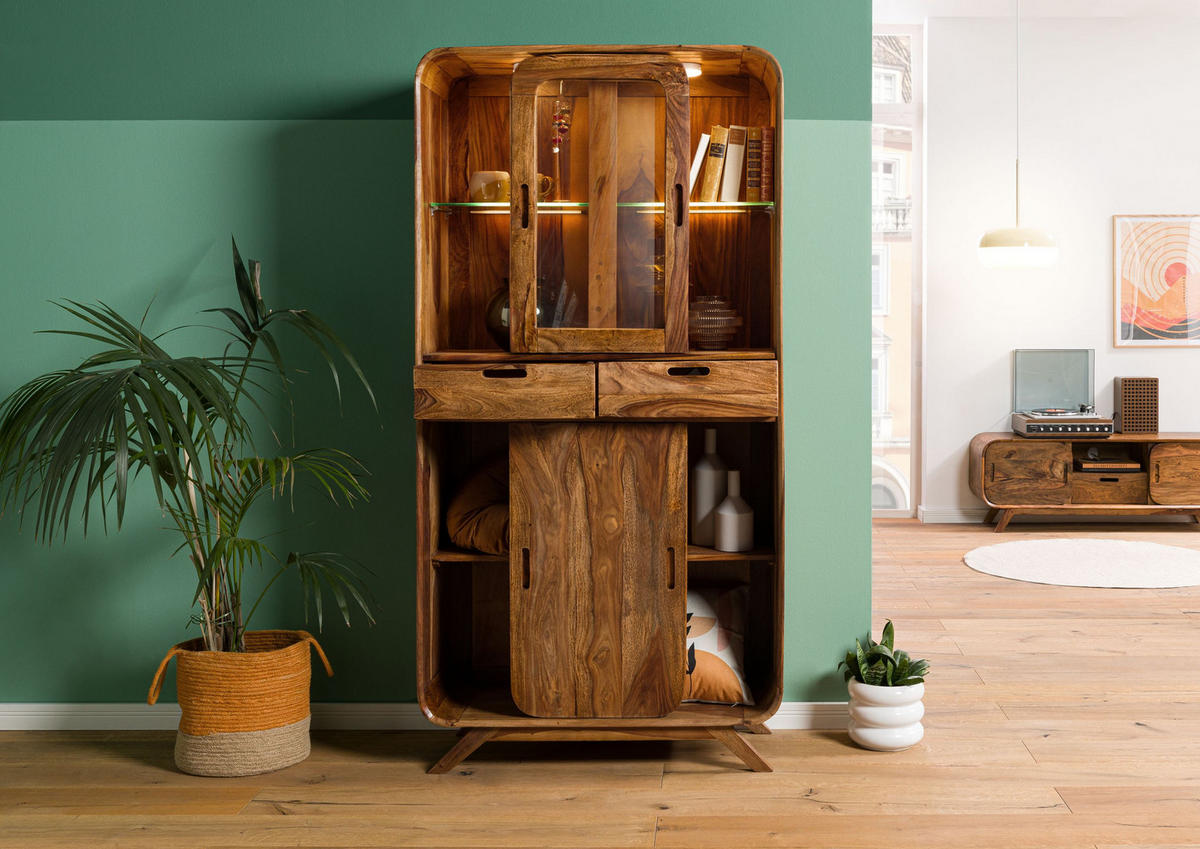 VITRINE Sheesham 90x40x180 hellbraun lackiert MAILAND #115 - Braun, Holz (90/180/40cm) - Massivmoebel24