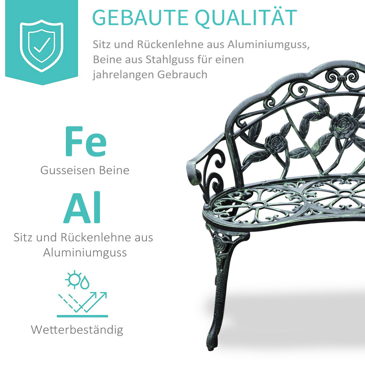 GARTENBANK, Parkbank, 100 x 54 x 78 cm, Metall, Antik Grün - Grün, Metall (100/78/54cm) - Outsunny