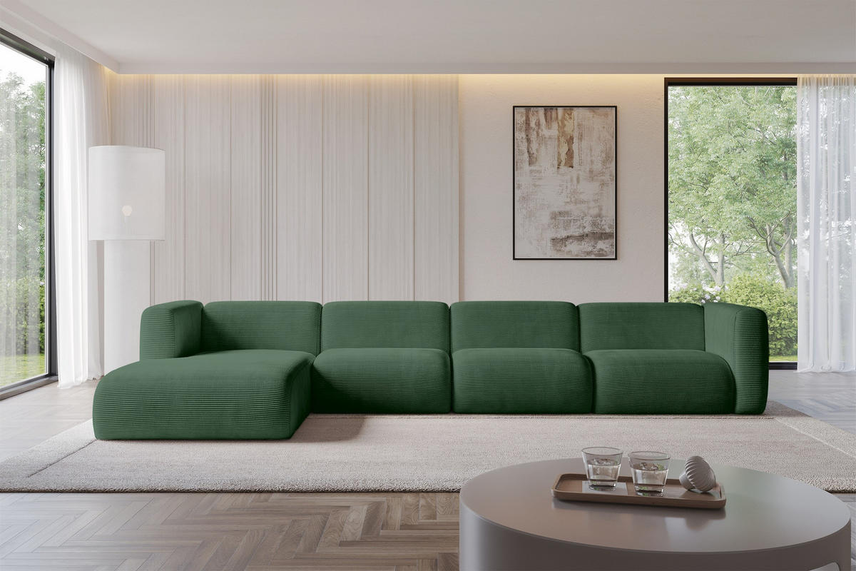 ECKSOFA Ottomane Links MIRA-L3 409x179x70 Grün Cord - Salbeigrün/Schwarz, Holzwerkstoff/Kunststoff (409/179cm) - ALTDECOR