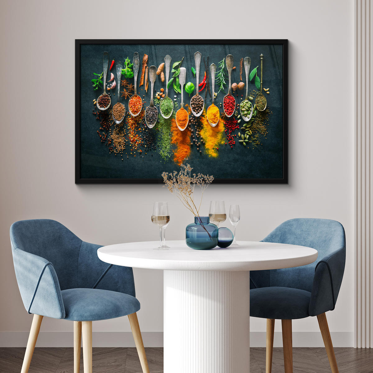 ZARÁMOVANÝ PLAGÁT Bylinky - korenie - lyžičky 90x60 cm - kari žltá, papier (90/60cm) - MuchoWow
