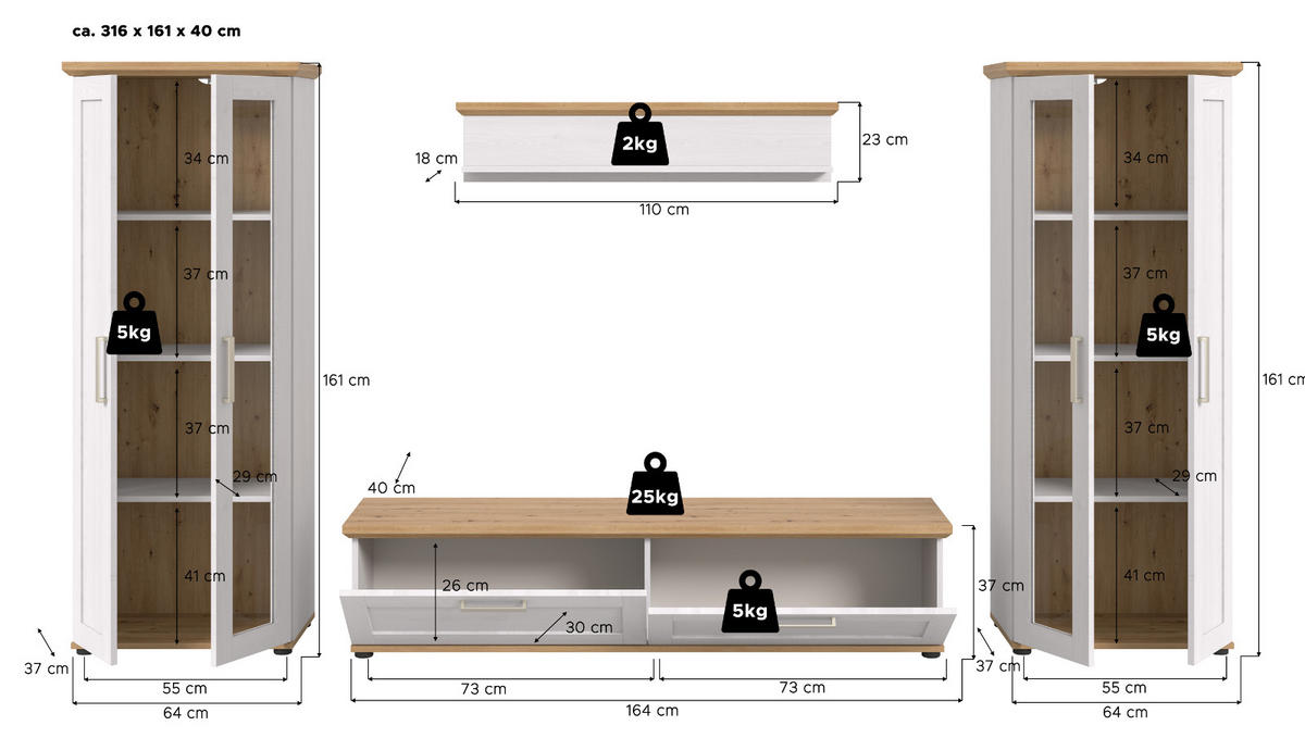 WOHNWAND 4-teilig weiß Lärche, Eiche Artisan 316 cm Landhaus, Schrankwand mit viel Stauraum - Silberfarben/Schwarz, Holzwerkstoff/Kunststoff (316/161/40cm) - Inn.Furn