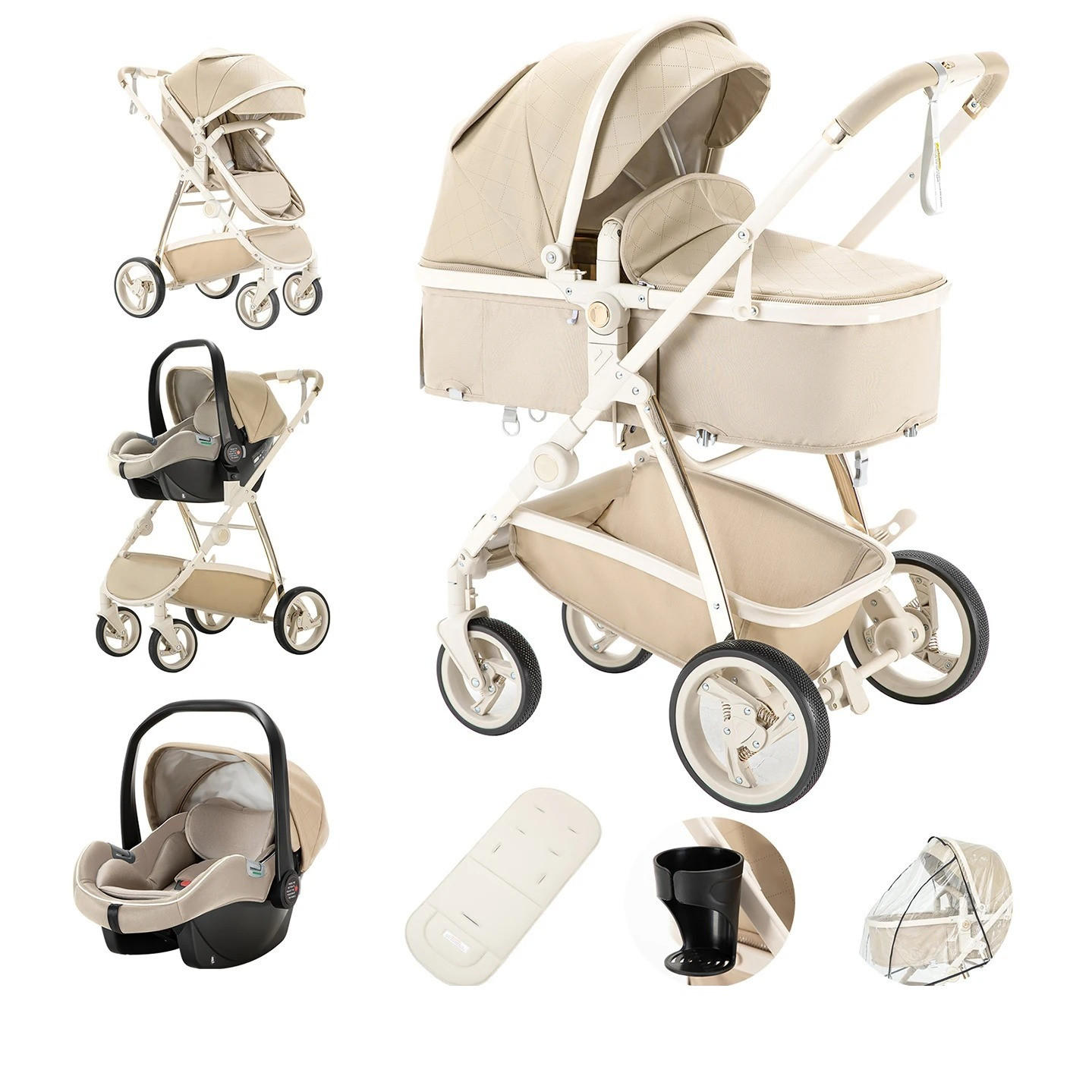 KINDERWAGENSET 3-in-1 Tragbarer mit Babytrage PU, 808B Khaki - Beige, Metall (80/60cm) - Kaket