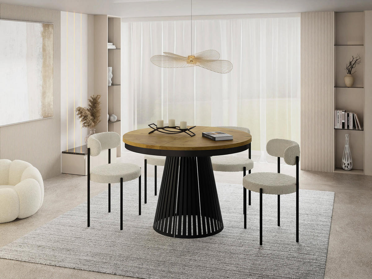 ESSTISCH Naro rund ausziehbar mit Schwarzem Lamellen-Metallgestell, Braun 100-180/100/76 cm - Eichefarben/Schwarz, Holzwerkstoff/Metall (100/176/76cm) - WFL GROUP