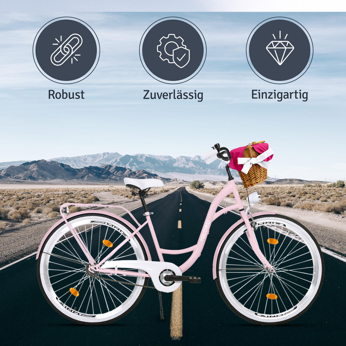 CITY-FAHRRAD Milord mit Weidenkorb, 26 Zoll, Rosa, 1-Gang - Pink, Metall (46cm) - Milordbikes