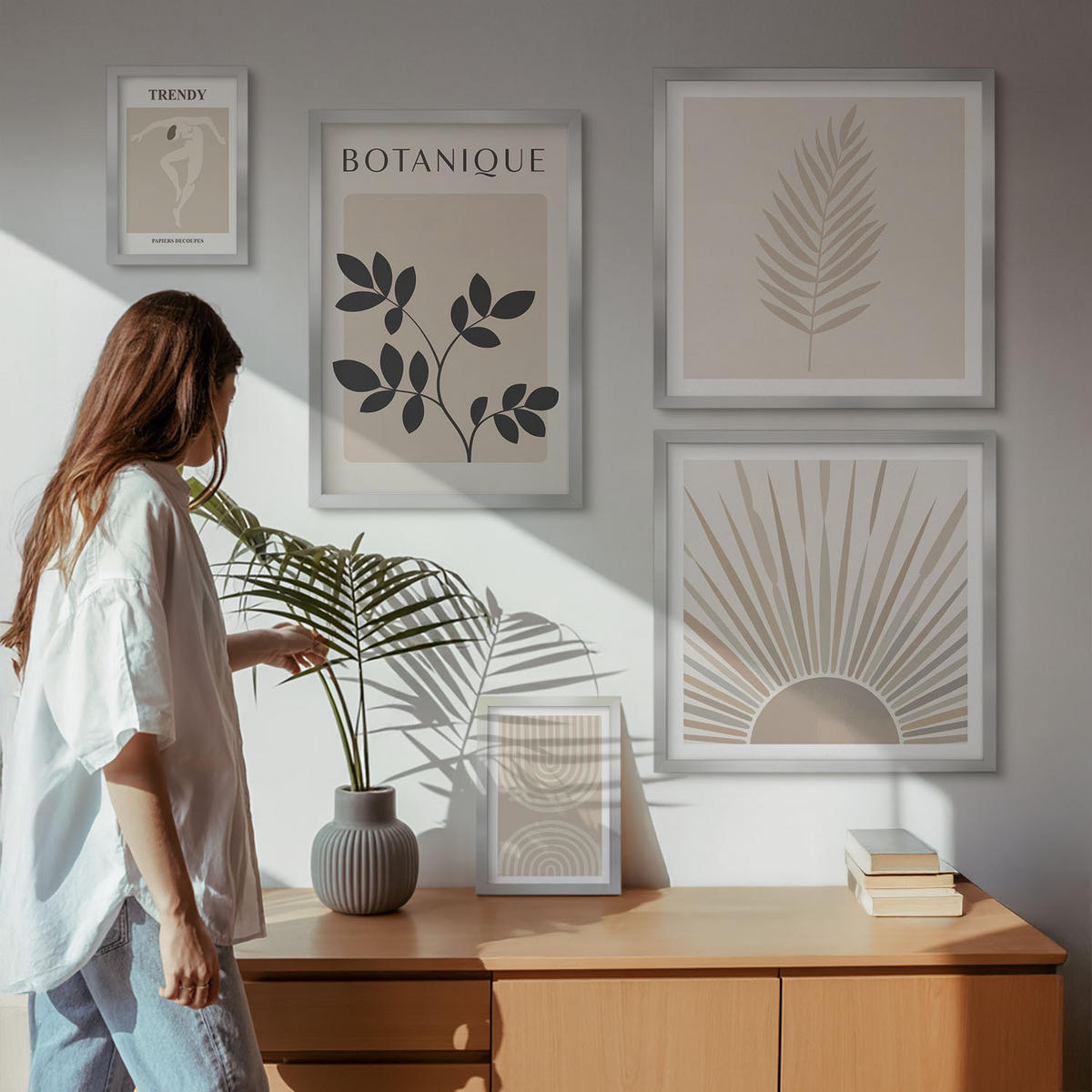 BILDER SET 5er Set - 50x50 cm & 20x30 cm & 40x60 cm Silberner Rahmen - Abstrakte Poster im Boho-Stil in Pastellfarben - Silberfarben, Kunststoff (40/60cm) - TULUP