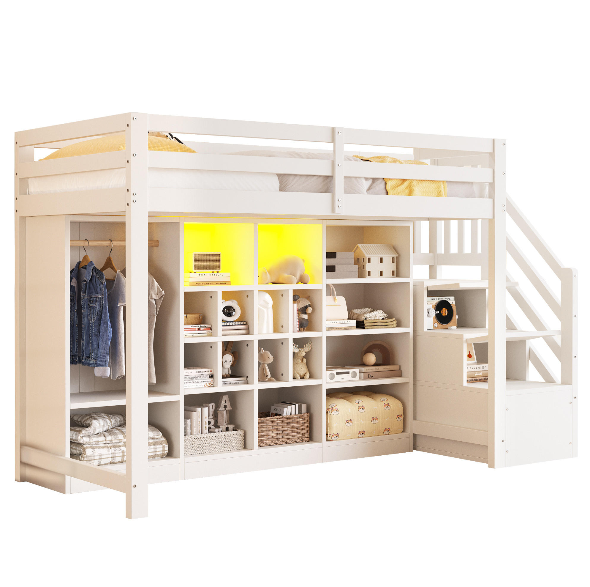HOCHBETT 90/200 cm aus Holz mit Stauraum, Kleiderschrank und LED-Beleuchtung Weiß - Weiß, Holz (90/200cm) - Modenvie