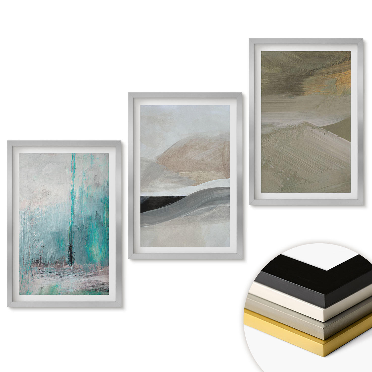 WANDBILDER 3er Set - 40x60 cm Silberner Rahmen - Gemalte abstrakte Dekorationen - Silberfarben, Kunststoff (40/60cm) - ArtPrintCave