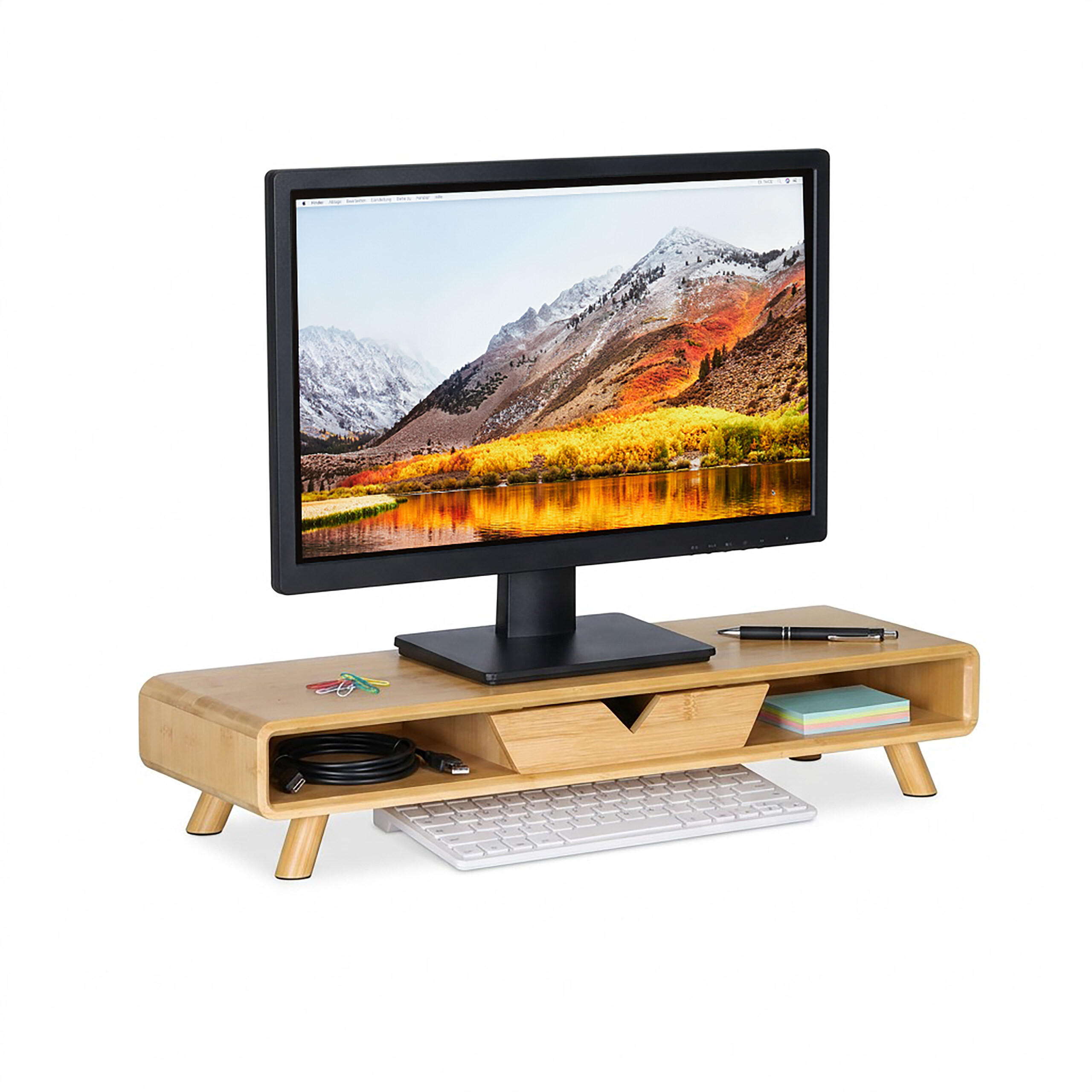 MONITORSTÄNDER Natur Bambus mit Schublade - Hellbraun, Holz/Holzwerkstoff (20.5/62/13cm) - Relaxdays