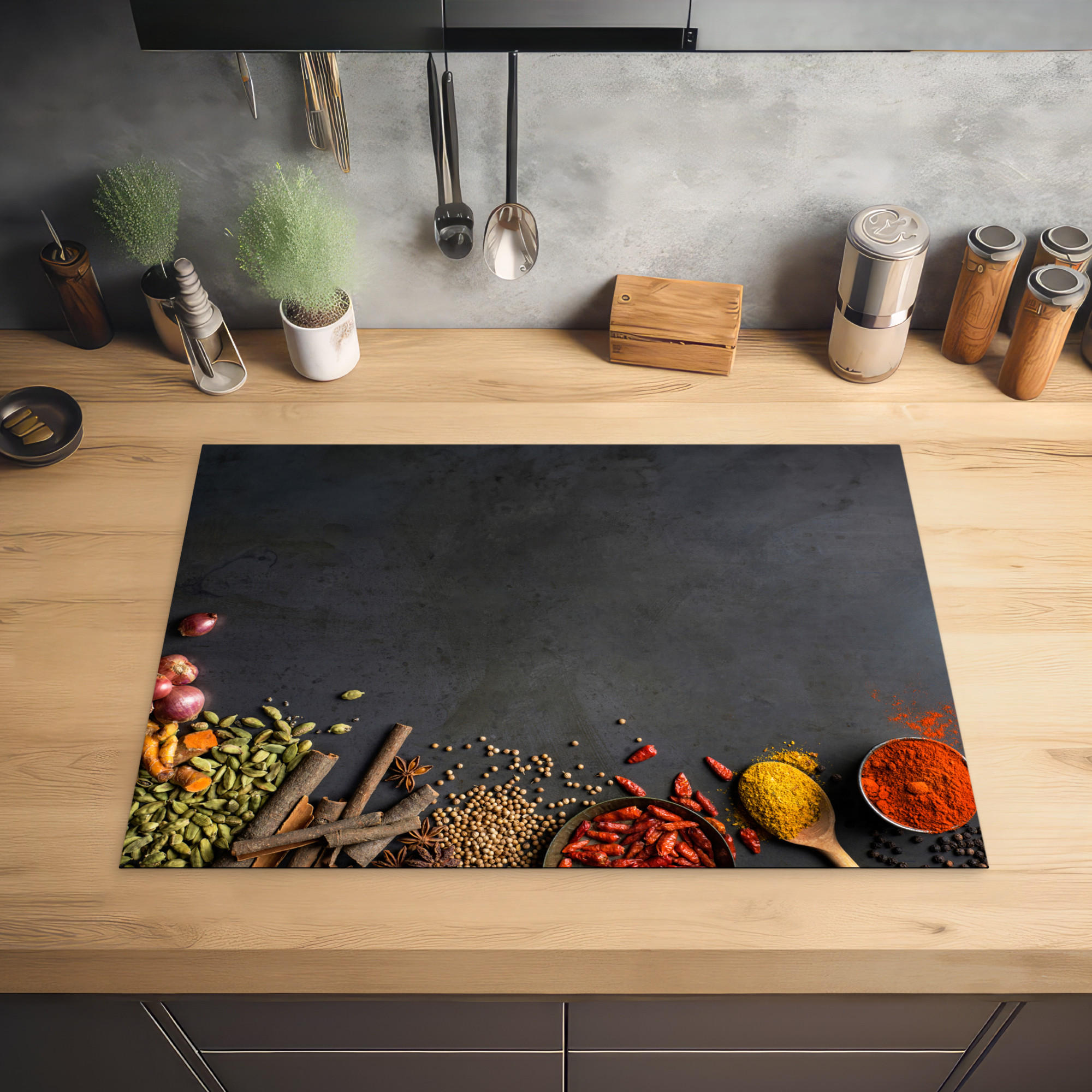 HERDABDECKPLATTE Kräuter - Lebensmittel - Gewürze - Schwarz - Paprika - Zimt 75x52 cm - Currygelb, Kunststoff (75/0.2/52cm) - MuchoWow