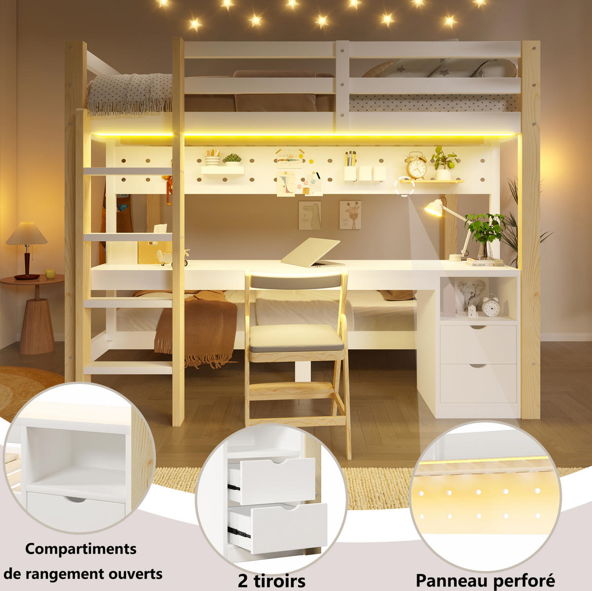 ETAGENBETT 140x200 und 90x200 cm in Weiß/Natur mit Schreibtisch, Schubladen und LED - Weiß, Holz (140/200cm) - IVMEU