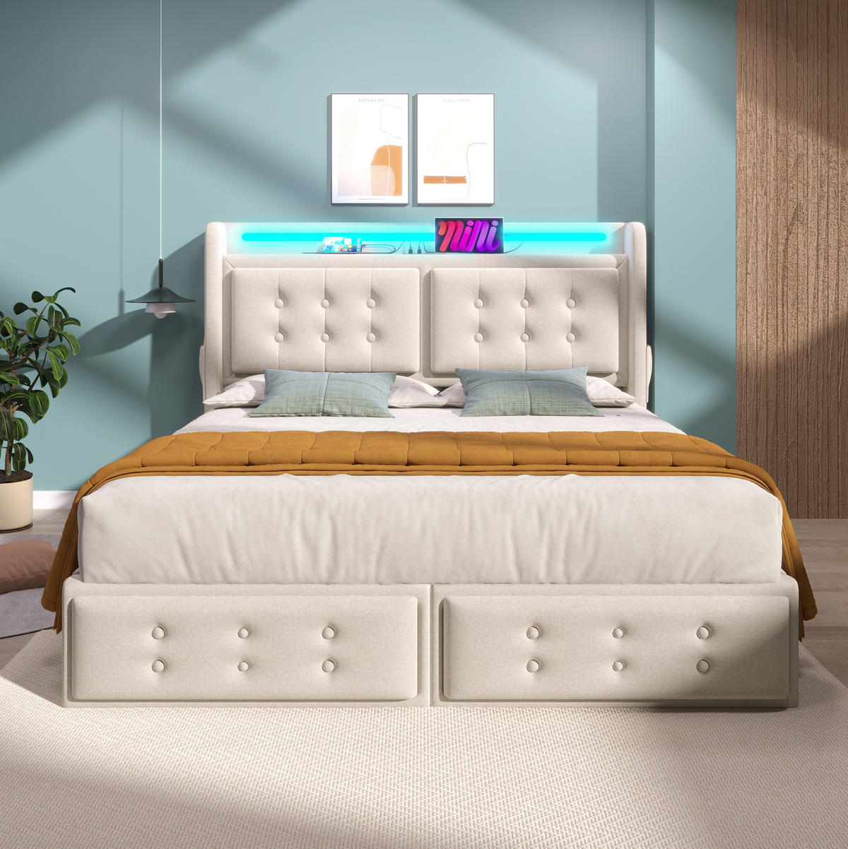 BETT mit LED, USB und 4 Schubladen 160x200 cm Baumwoll-Leinen Beige - Beige, Metall (160/200cm) - Meubliv