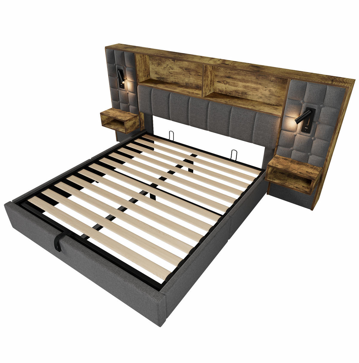 BETT mit Stauraum 160x200 cm Leinen Grau mit 2 Nachttischen - Grau, Metall (160/200cm) - Meubliv