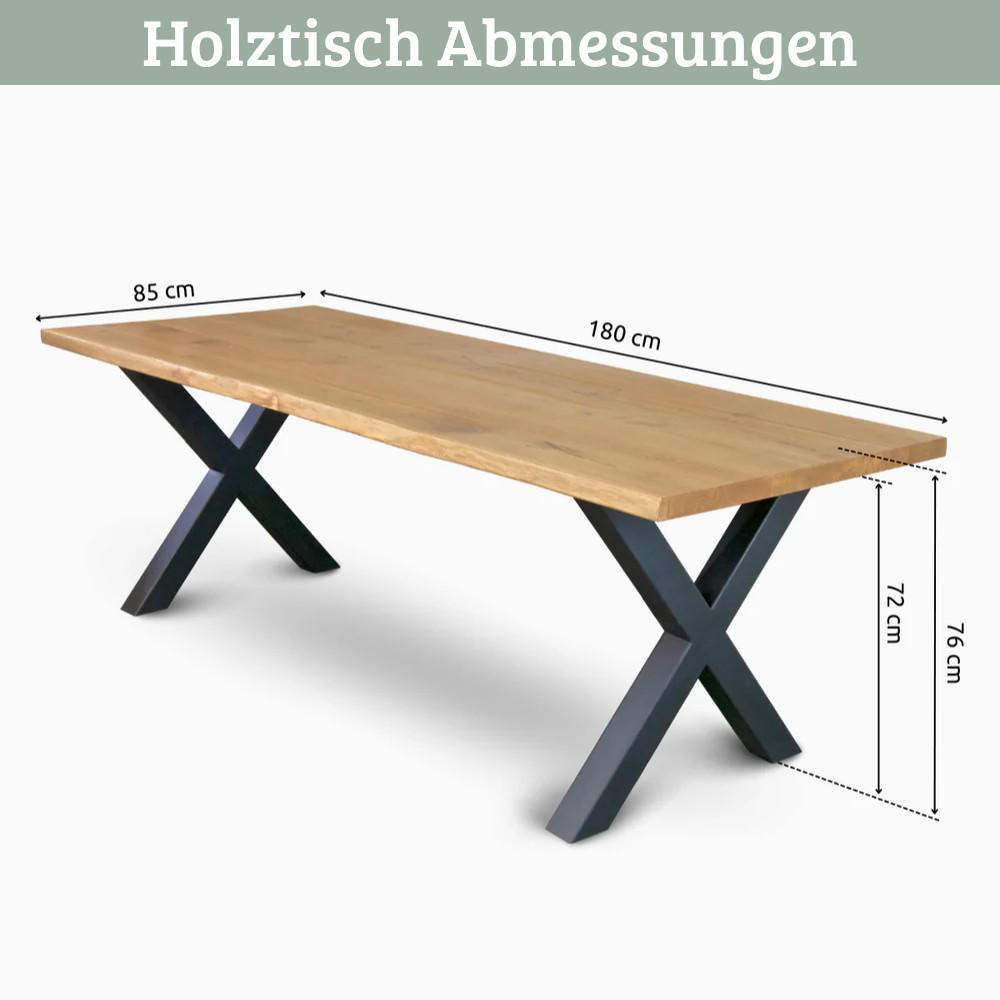 ESSTISCH Massivholz mit Baumkante RAGNAR 180x85 cm Eichenholz X-Hora Gestell - Braun, Holz/Metall (85/180/76cm) - DELUKE