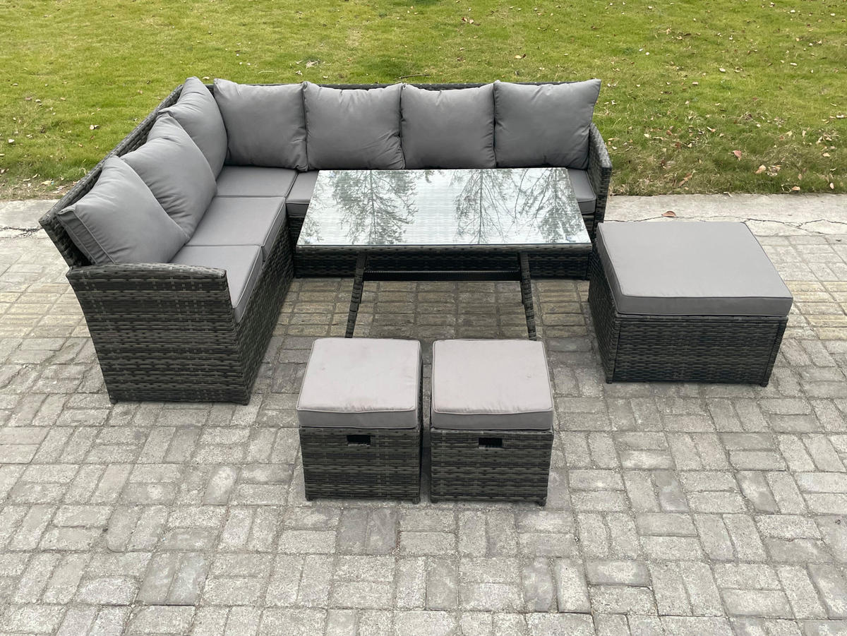 SITZGRUPPE mit Ecksofa,3 Fußhocker Polyrattan Dunkelgrau 9-Sitzer - Dunkelgrau/Grau, Glas/Kunststoff - Fimous