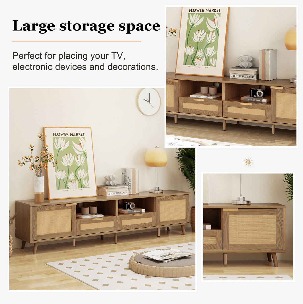 TV-SCHRANK in Eiche mit Rattan-Details, 2 Türen und 2 Schubladen 200/37/49 cm - Eichefarben, Holzwerkstoff (200/49/37cm) - Redom