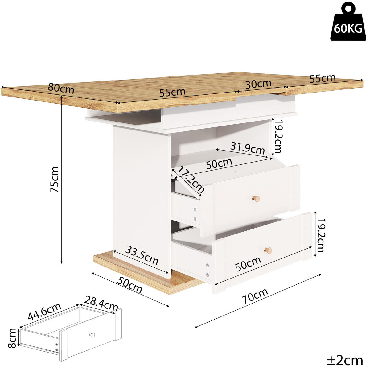JÍDELNÍ stůl 110-140/80/75 cm bílý a přírodní z MDF s rozkládací deskou a úložným prostorem - bílá, kompozitní dřevo (140/80/75cm) - OKWISH
