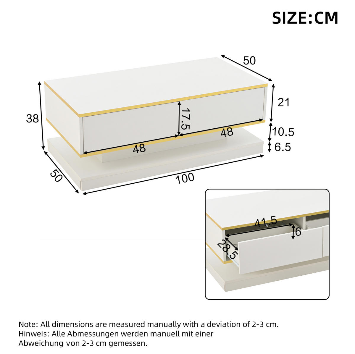 COUCHTISCH 100/50/38 cm warmweiß mit Goldrand aus Spanplatte mit 2 Schubladen - Weiß, Holzwerkstoff (100/50/38cm) - OKMYHOME