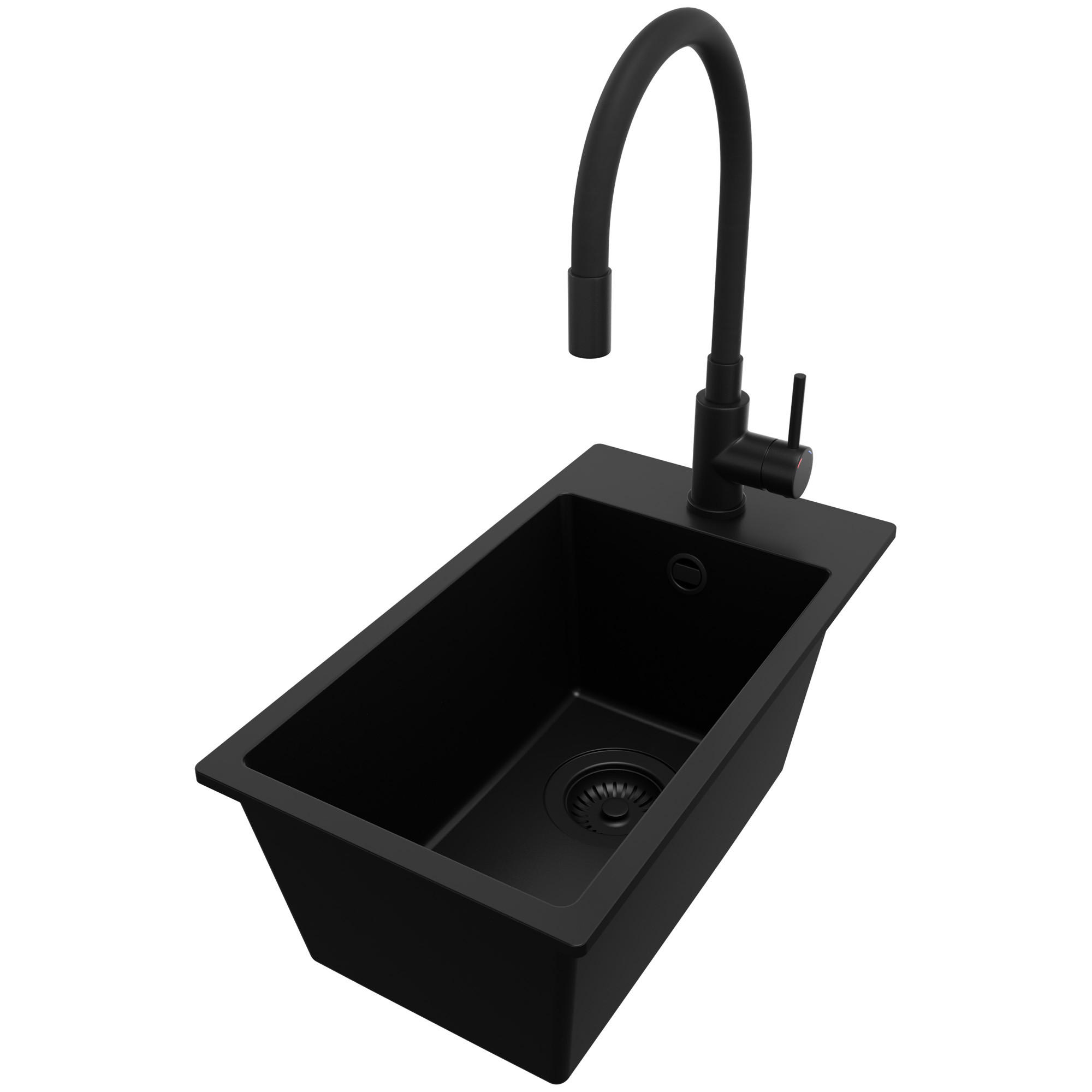 GRANITSPÜLE Riga, 2-er set Alles Schwarz 28/50 cm 1 Becken + Küchenarmatur 40/38 cm + Ablauf-Set ab 30er Unterschrank - Schwarz, Kunststoff (28/20/50cm) - Primagran