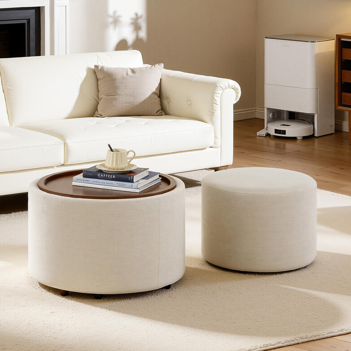 COUCHTISCH aus Leinen 58x58x38 cm in Beige mit Stauraum & Holzablage - Beige, Textil (58/58/38cm) - Modfu