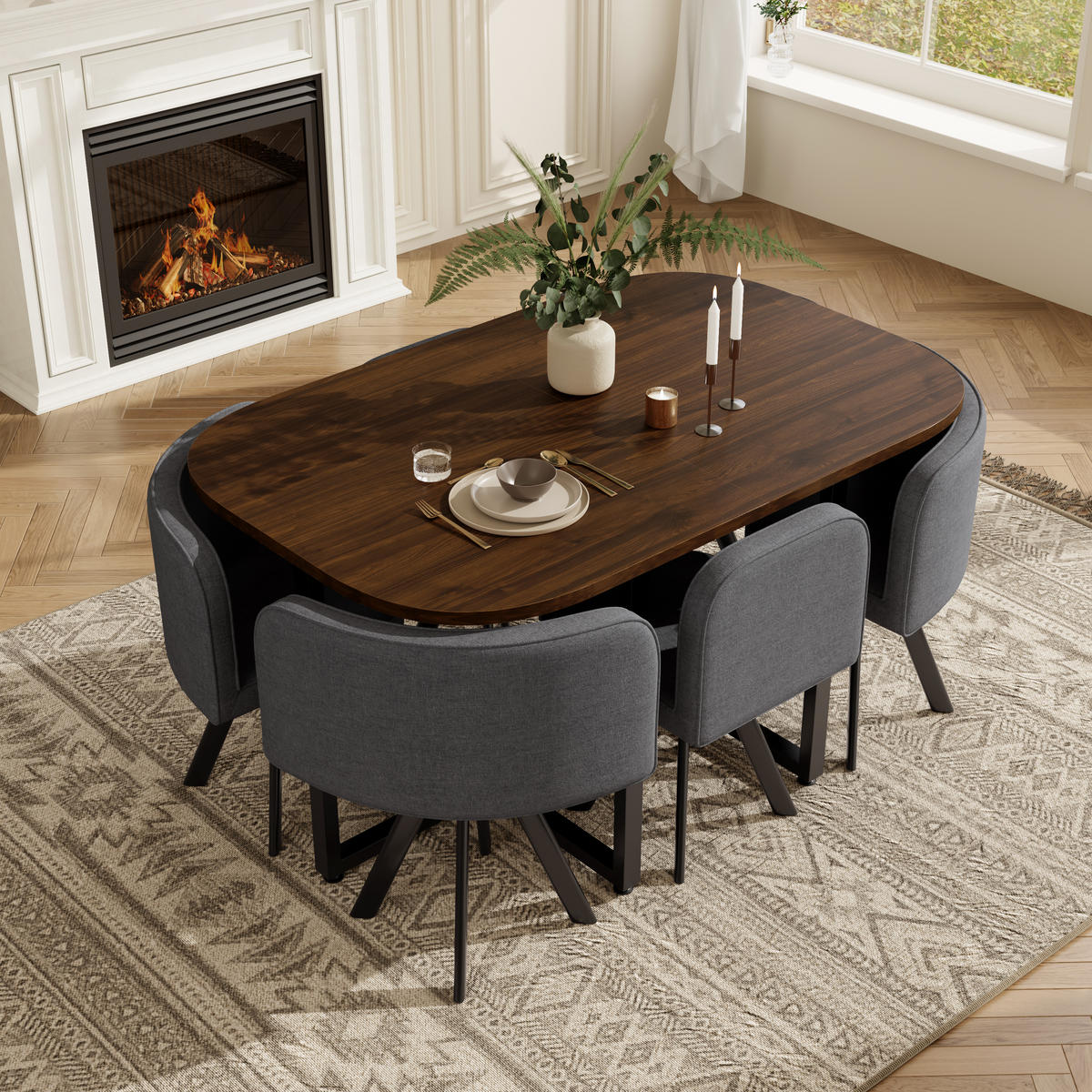 ESSTISCH SET 6 Personen 140x90cm Walnuss Grau Leinen - Walnussfarben/Grau, Holzwerkstoff (140/73/90cm) - FLIEKS