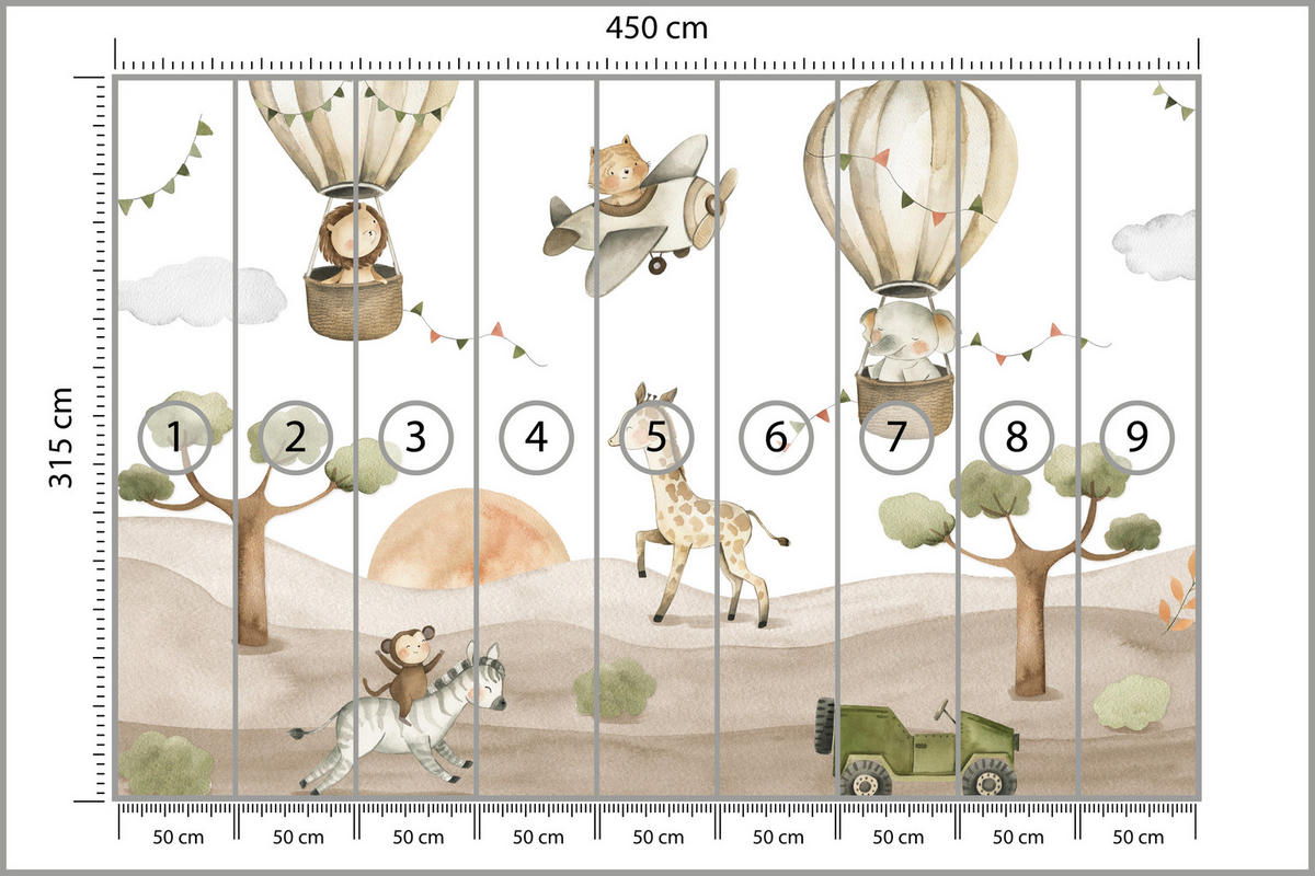 FOTOTAPETE für Kinderzimmer Tiere Ballons Flugzeuge Safari Bäume Hügel 450x315 - Beige/Braun, Papier (450/315cm) - Muralo