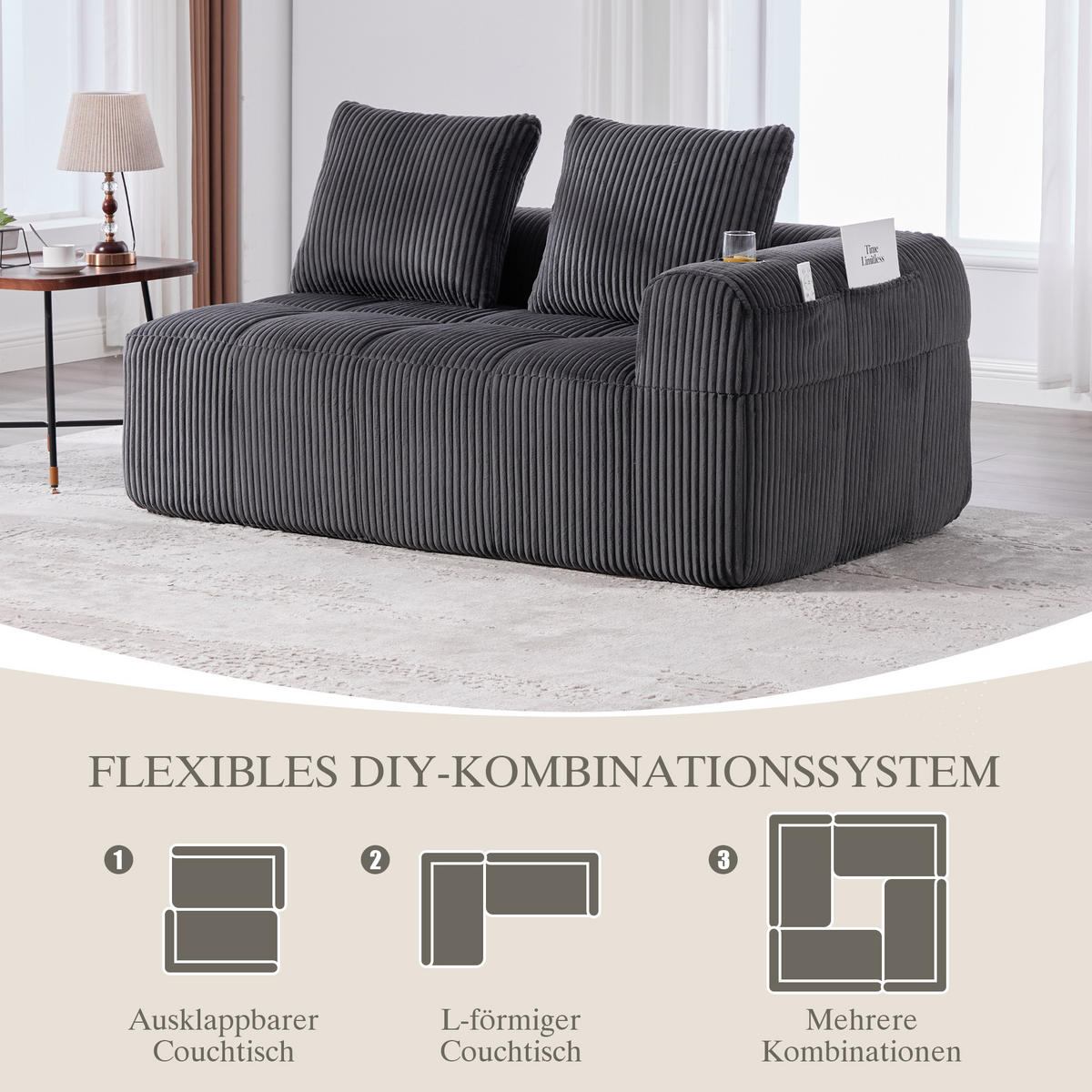 CHAISELONGUE in Cord Übergroßer Relaxsessel mit Seitentaschen - Dunkelgrau, Textil (158/61/93cm) - Urban Meuble