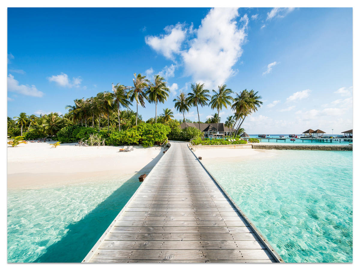 FOTOTAPETE für Schlafzimmer Tropeninsel Steg Palmen Pflanzen 500x350 - Blau/Beige, Papier (500/350cm) - Muralo