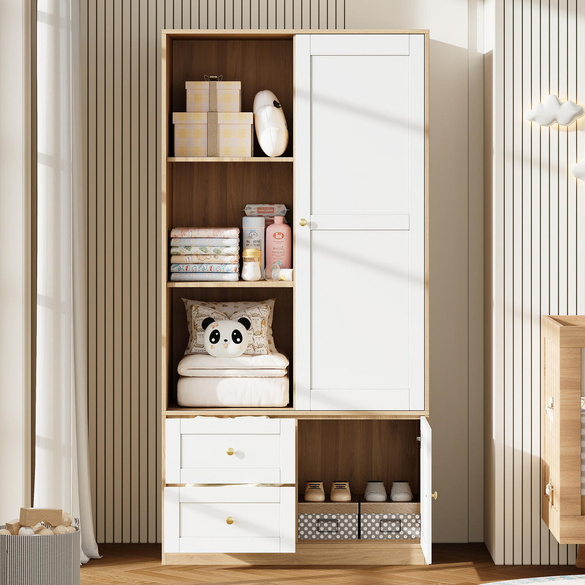 KLEIDERSCHRANK aus MDF 90x50x180 cm Natur/Weiß mit Schiebetür, Kleiderstange, Schubladen und Fächern - Naturfarben, Holzwerkstoff (90/180/50cm) - Modfu
