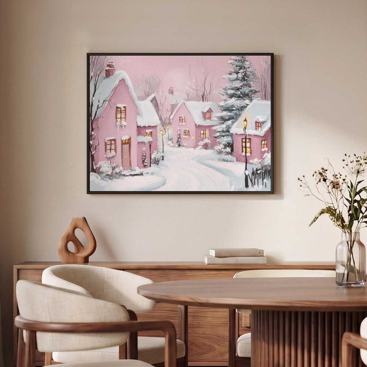 LEINWAND Bilder mit Rahmen - Weihnachtsdorf - Rosa - Winter - Schnee - Häuser - 70x50 - Altrosa, Textil (70/50cm) - MuchoWow