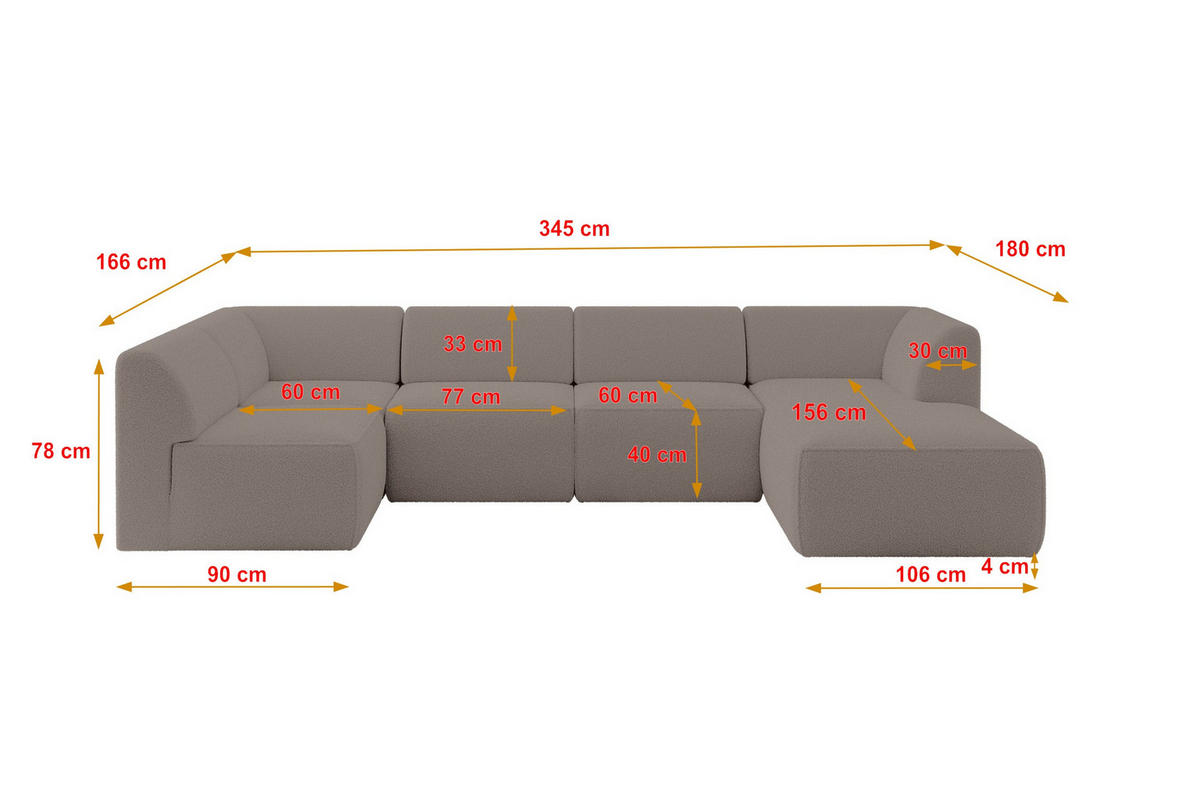WOHNLANDSCHAFT Ottomane Rechts MOVO-L 345x180x78 cm Braun Bouclé - Schwarz/Braun, Holzwerkstoff/Kunststoff (345/78/180cm) - ALTDECOR
