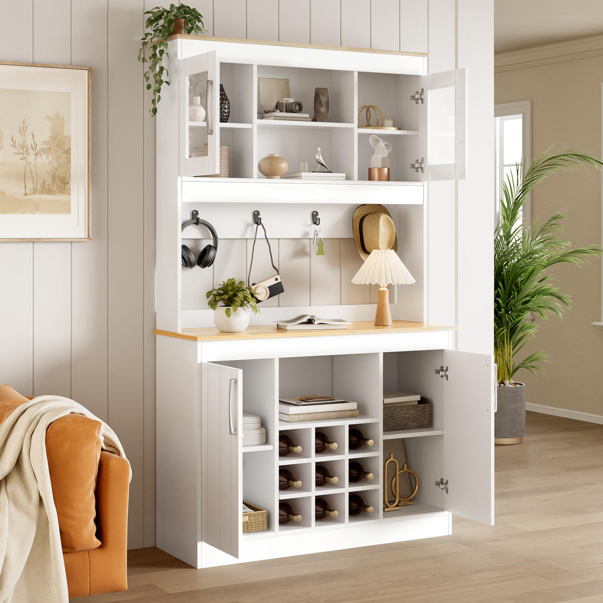 KÜCHENBUFFET 106x39x175 cm, Glastüren, Weinregal, Hakenleiste, Natur/Weiß - Naturfarben, Holzwerkstoff (106/175/39cm) - FOHERE