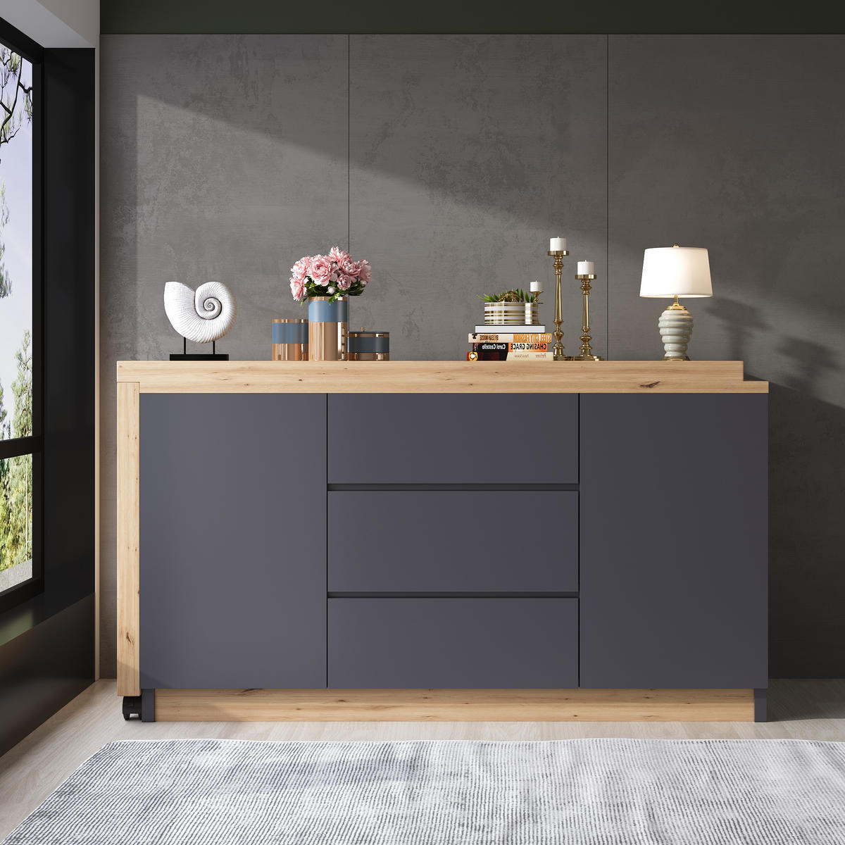 SCHREIBTISCH Rollen drehbar 4 cm Tischplatte Grau Eiche multifunktional - Multicolor, Holzwerkstoff (120/50/76.5cm) - FLIEKS