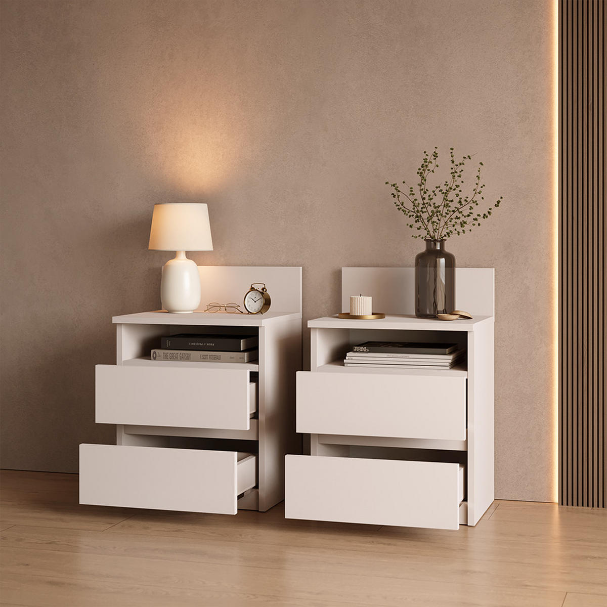 NACHTTISCH Roya, Weiß, 39.6 x 59.1 cm - Weiß, Holzwerkstoff (39.6/59.1/32.3cm) - Livinity®
