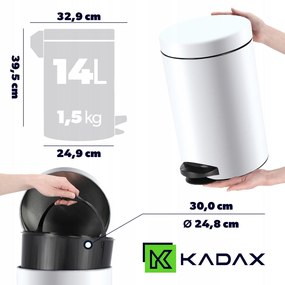 MÜLLEIMER 14L Weiß - Weiß, Metall (32.9/32.9cm) - KADAX