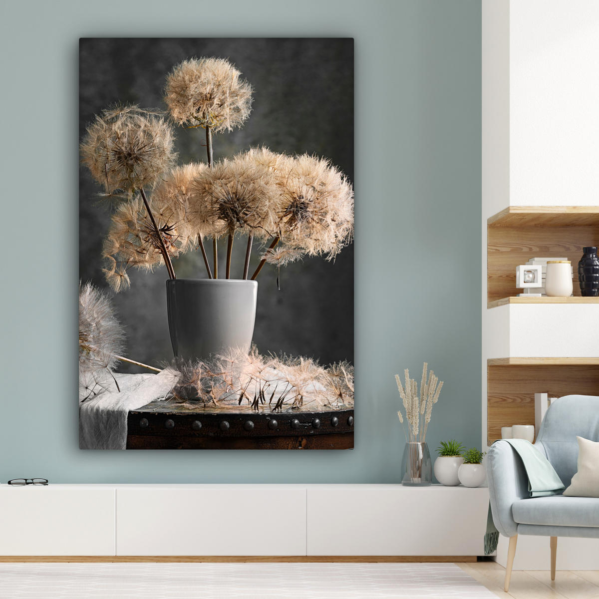 LEINWANDBILD Blumensamen - Löwenzahn - Vase - Stilleben - Blumenstrauß Deko Groß 90x140 cm - Dunkelgrau, Textil (90/140cm) - MuchoWow