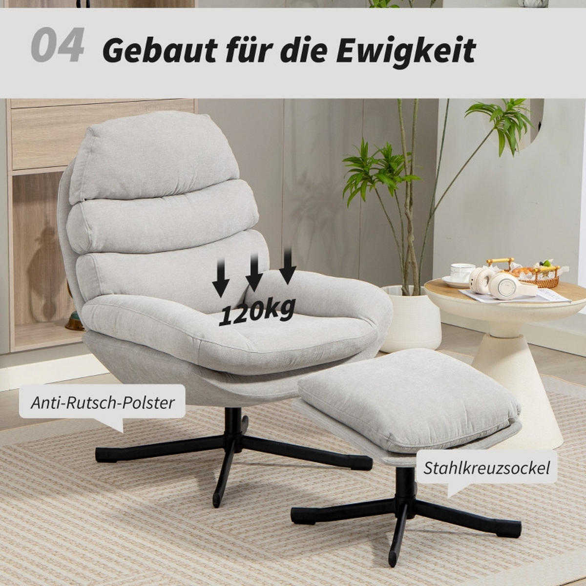 RELAXSESSEL mit Hocker Chenille-Stoff 360° drehbar 78/93/100 cm Cremeweiß - Creme, Textil (78/100/93cm) - Redom