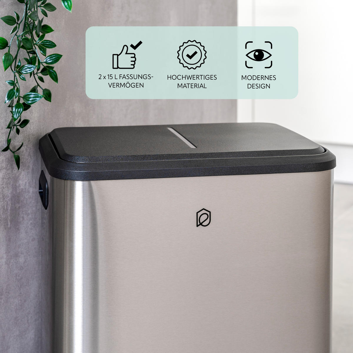 ABFALLEIMER je 15 Liter, silber - Edelstahlfarben, Metall (42.5/50/33.5cm) - eluno