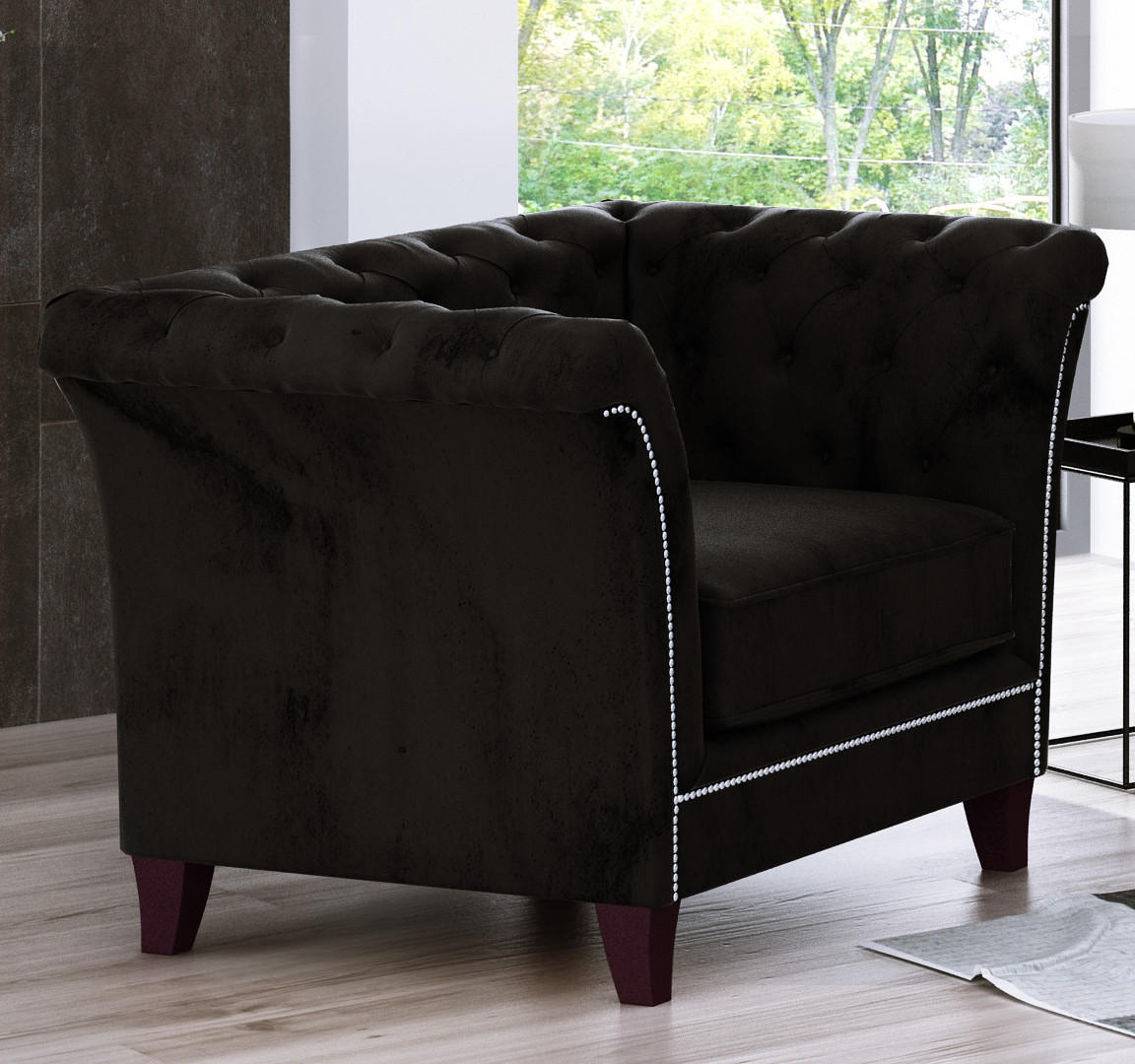 CHESTERFIELD-SESSEL Fusion Schwarz Samt - Schwarz/Braun, Holz/Textil (116/75/82cm) - S-Style Möbel