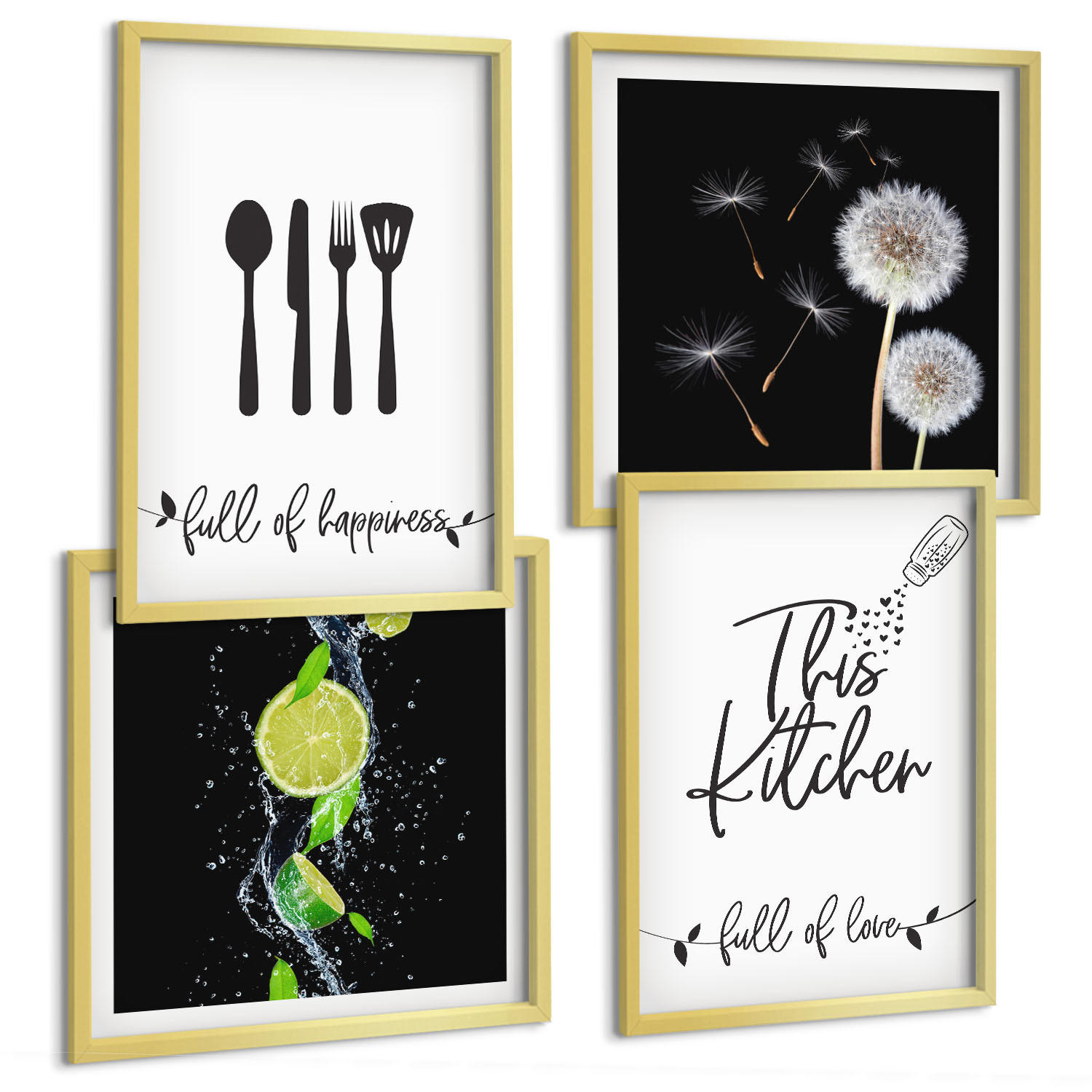 BILDER SET 4er Set - 50x50 cm & 40x60 cm Goldrahmen - Löwenzahn-Kalk-Kücheninschriften - Goldfarben, Kunststoff (50/50cm) - TULUP